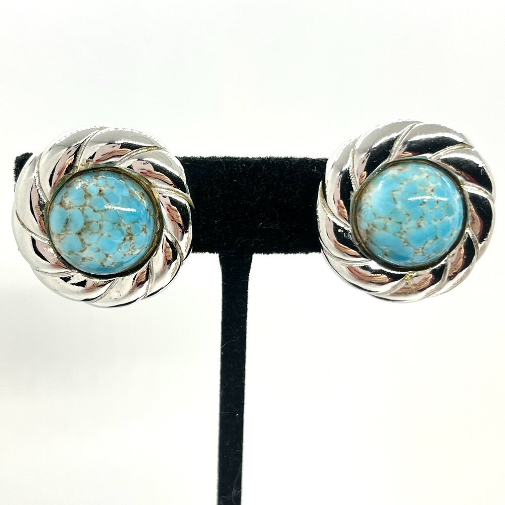 VINTAGE GAY BOYER Earrings Turquoise Clip Silver Tone Signed Cabochon Round 80s